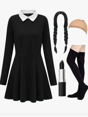 HMPRT Black Long Sleeve Dress with White Collar Costume Set